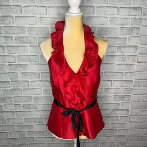 WHBM Red Halter Silk Blouse Ruffle Collar 6 A7-21